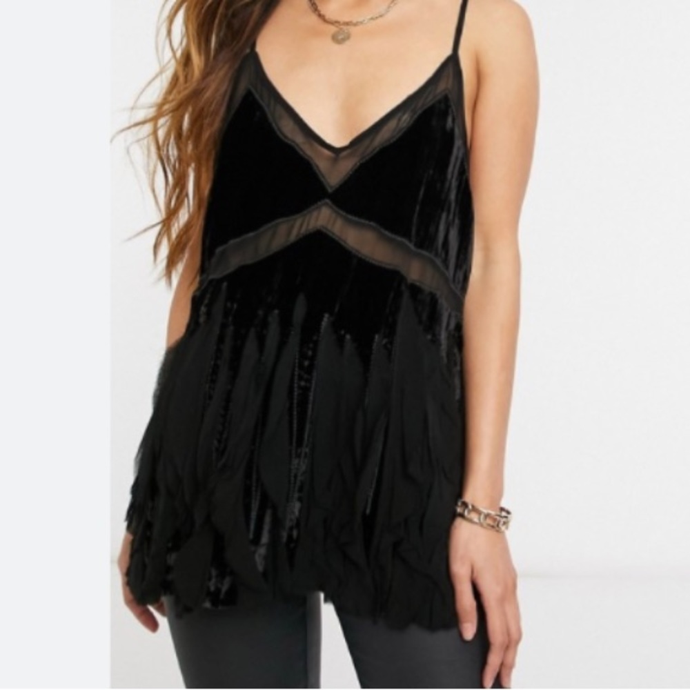 Derek Lam 10 Crosby Black, velvet, deep v-neck cami with semi sheer inserts